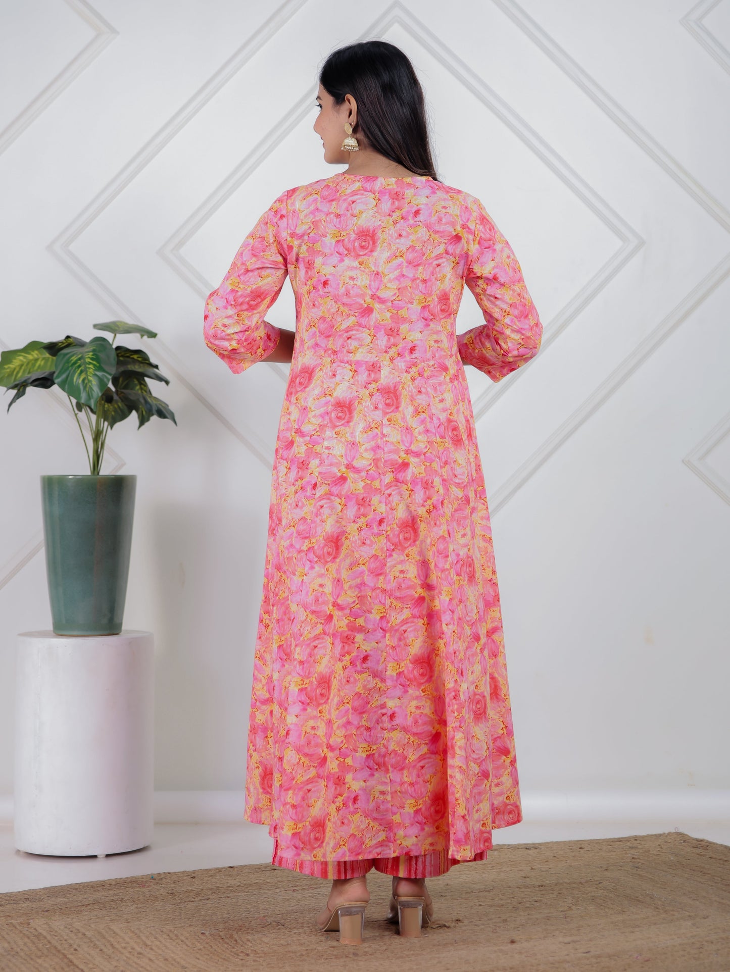 Soft Cotton Floral Flared Peach Kurta