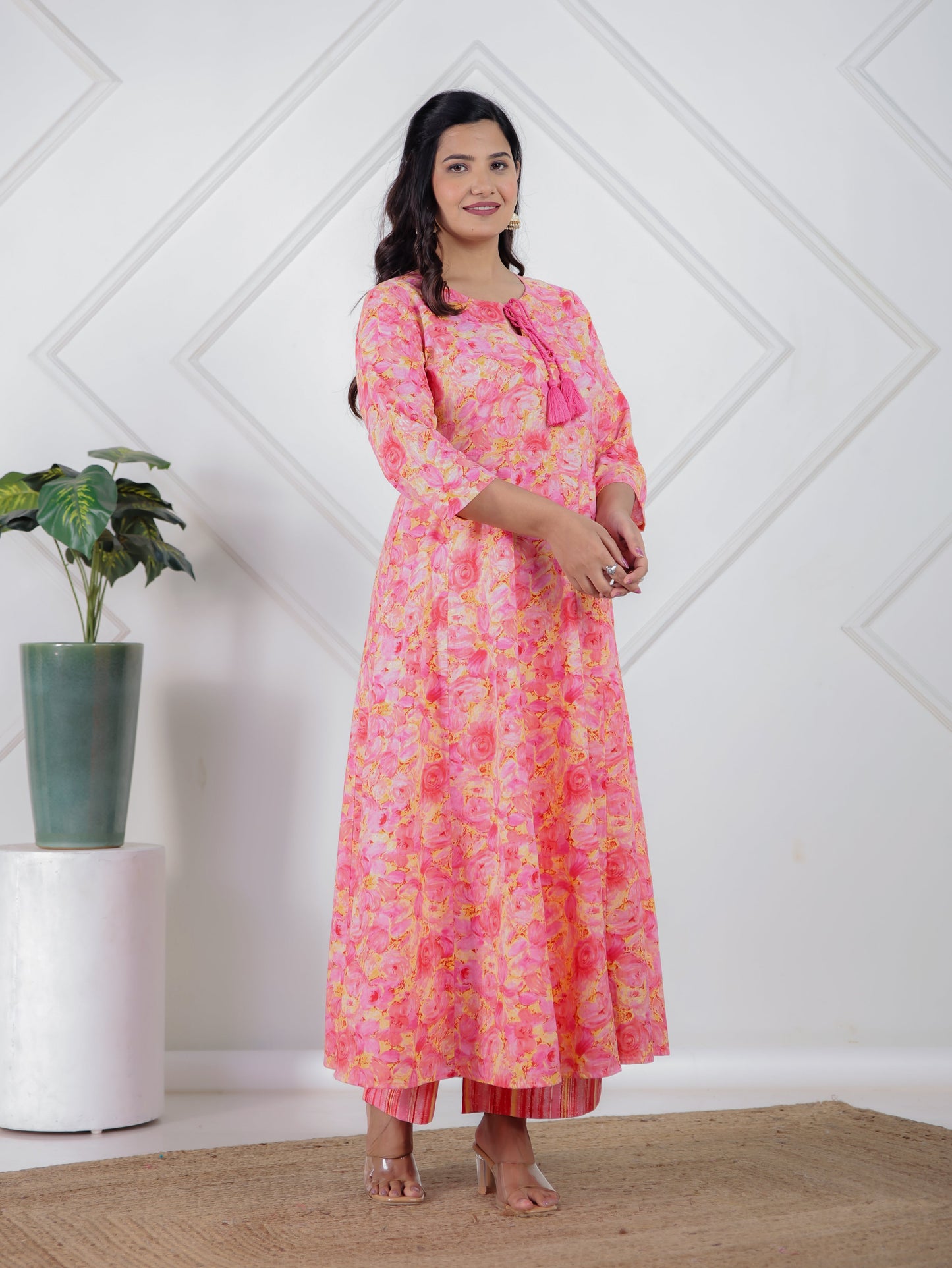 Soft Cotton Floral Flared Peach Kurta