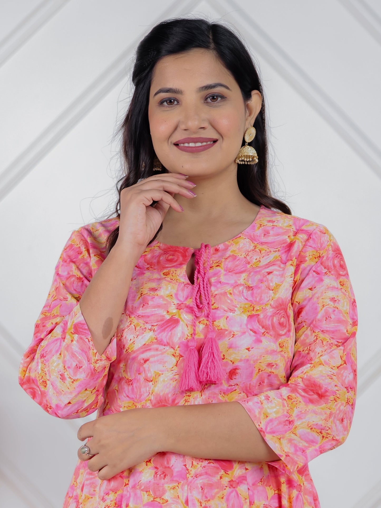 Soft Cotton Floral Flared Peach Kurta