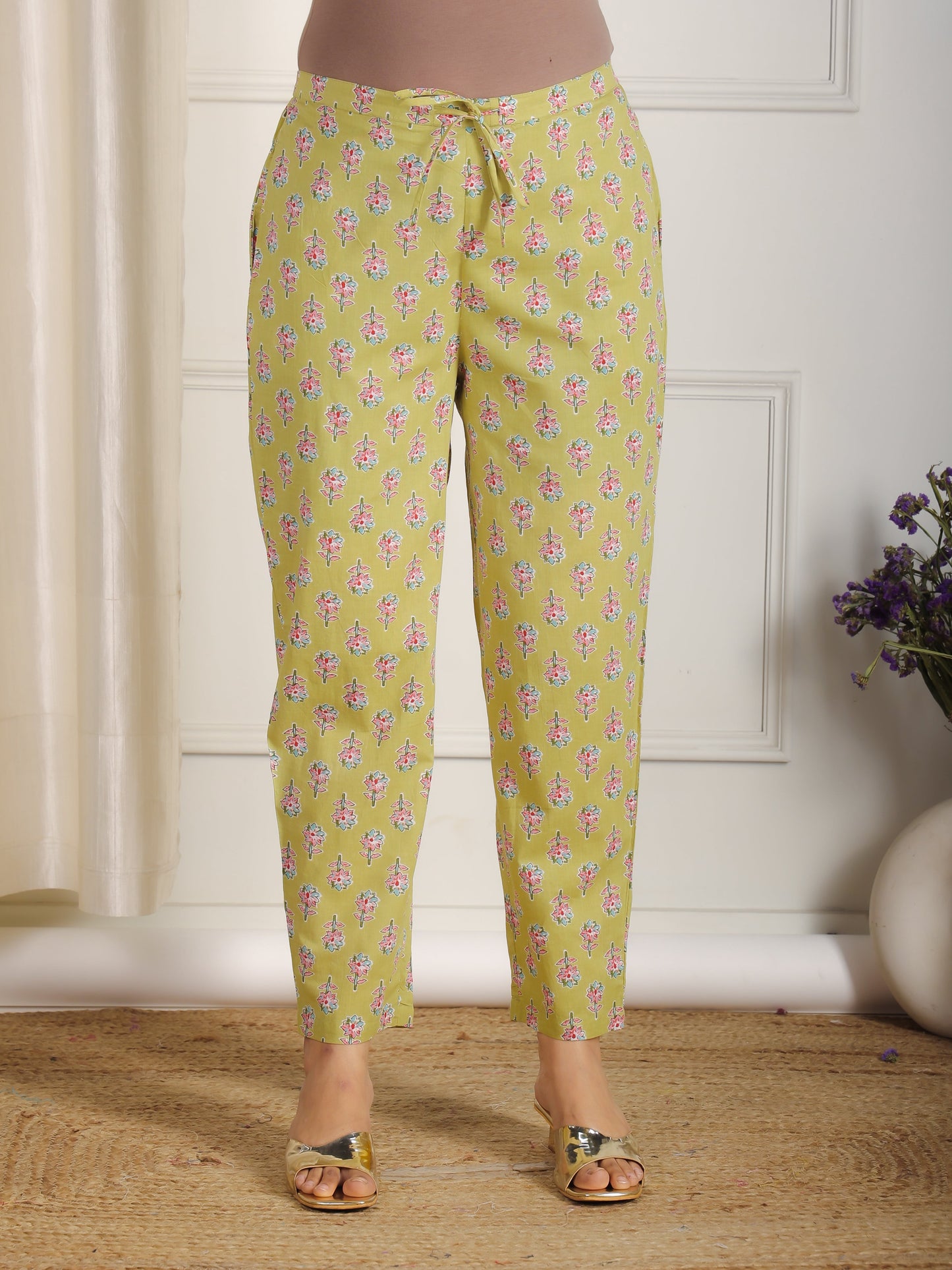 Soft Cotton Floral Green Tapered Trousers