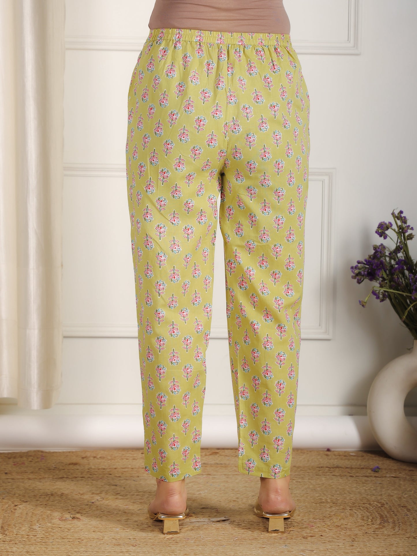 Soft Cotton Floral Green Tapered Trousers