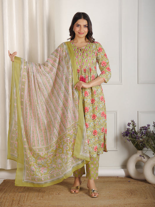 Cotton Voile Floral Green Dupatta