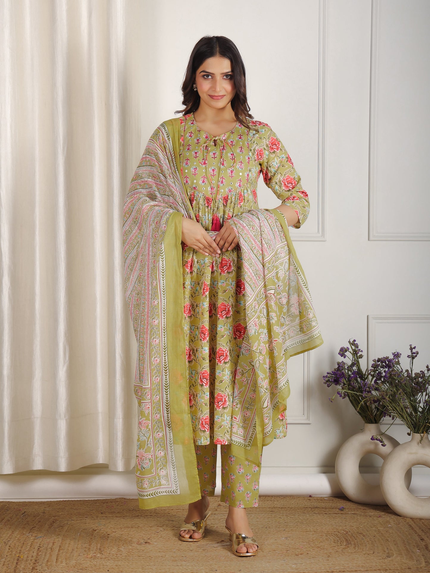 Cotton Voile Floral Green Dupatta