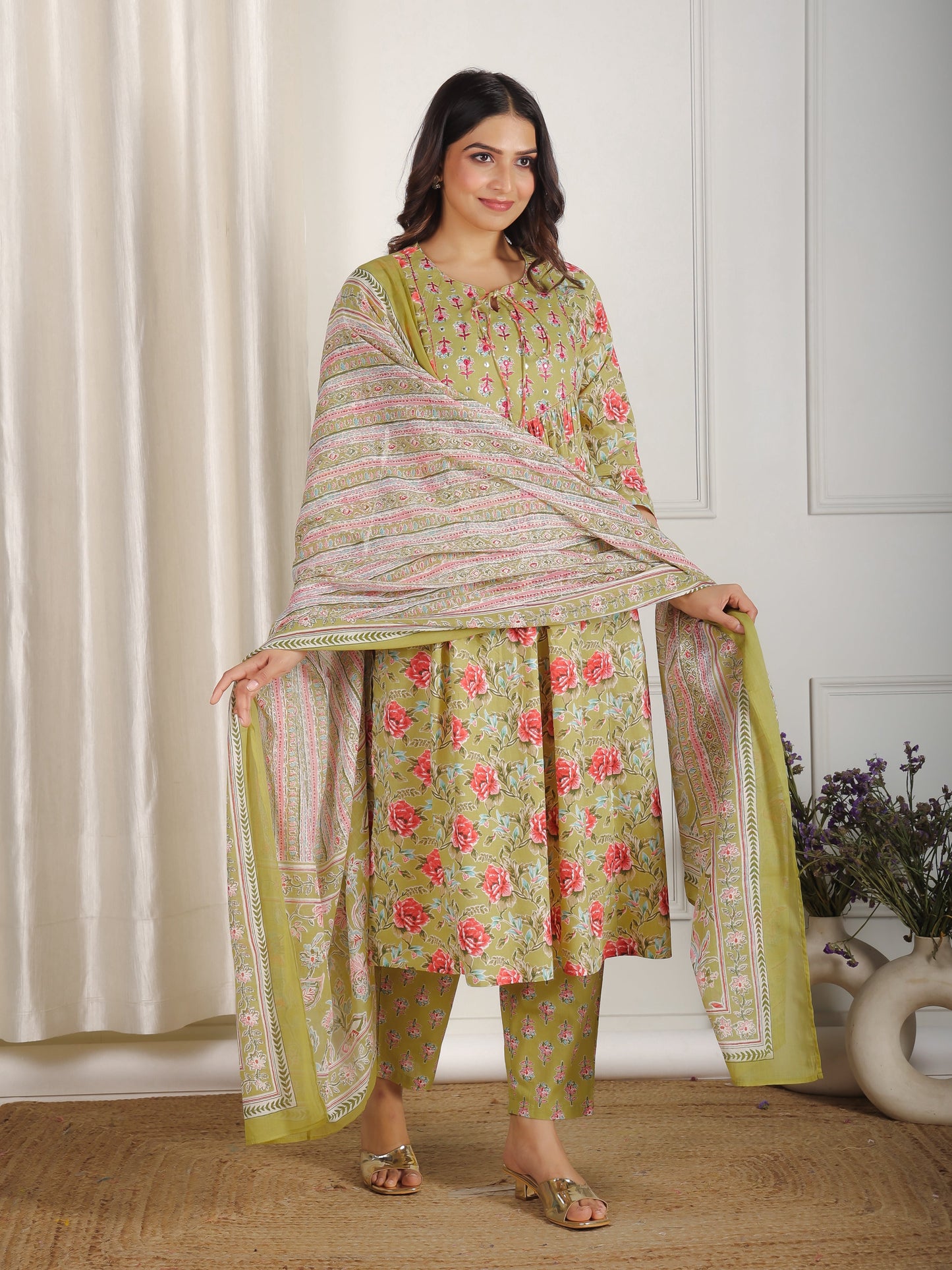 Cotton Voile Floral Green Dupatta
