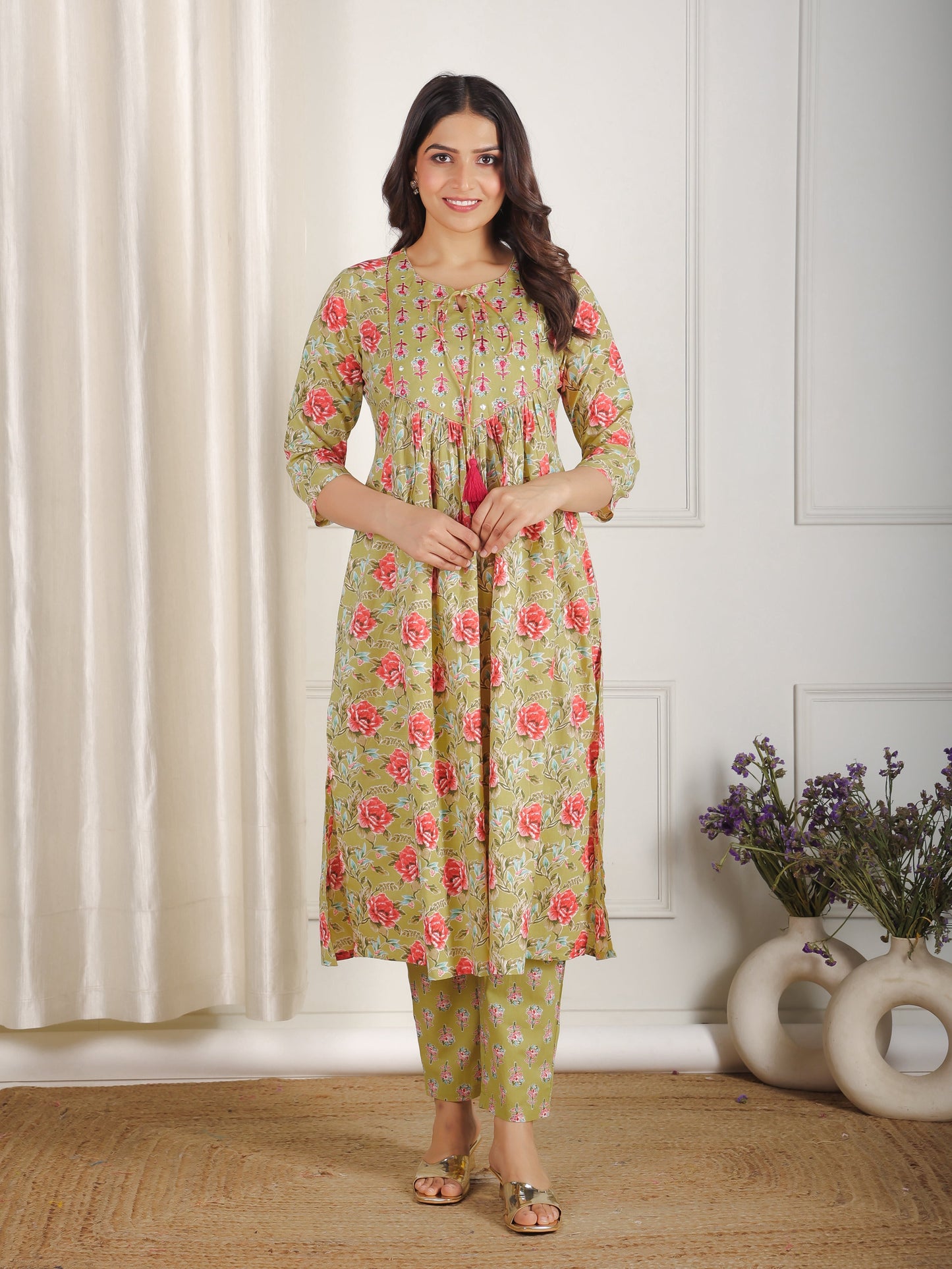 Embroidered Soft Cotton Floral A-line Green Kurta
