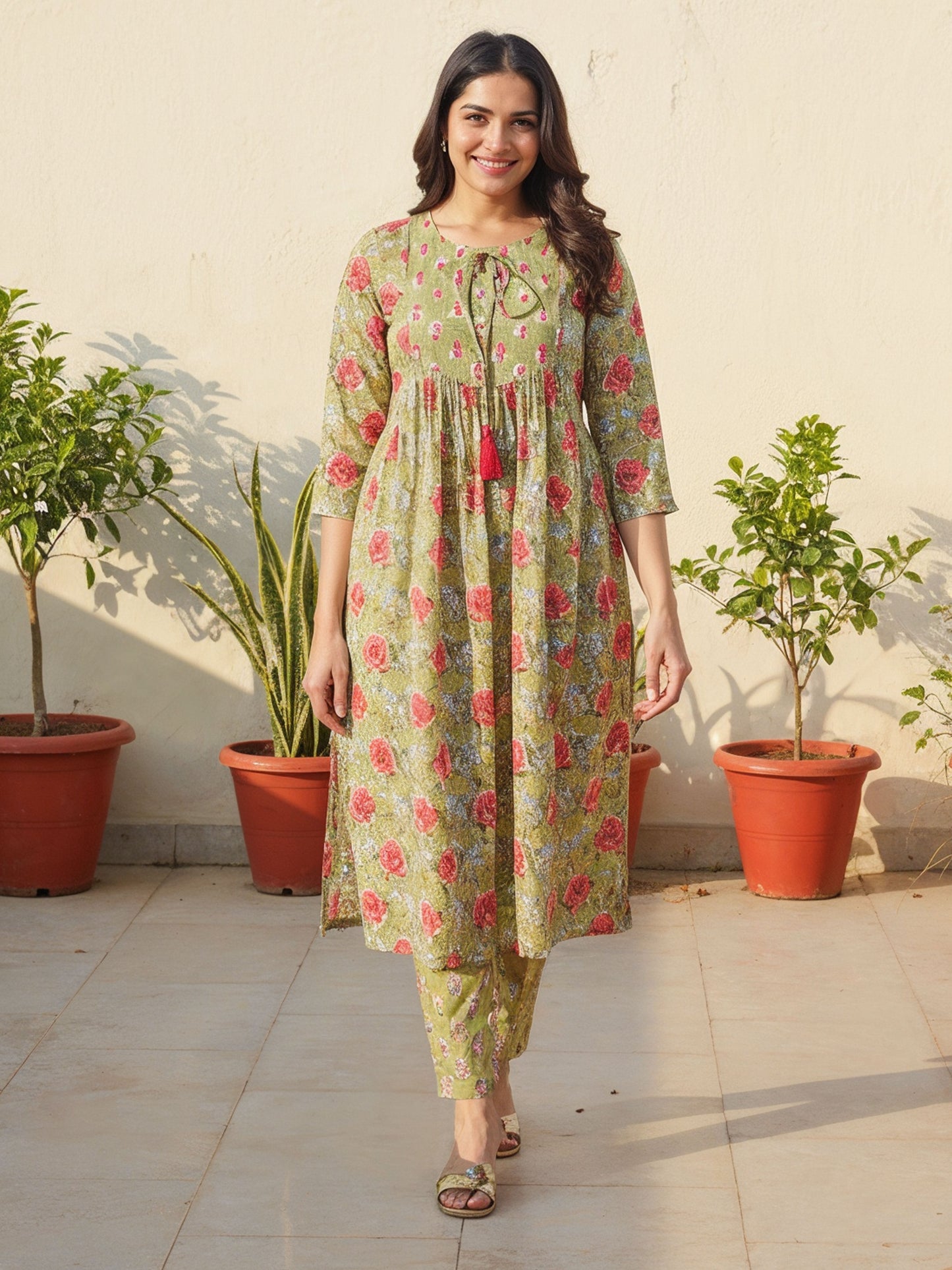 Embroidered Soft Cotton Floral A-line Green Kurta