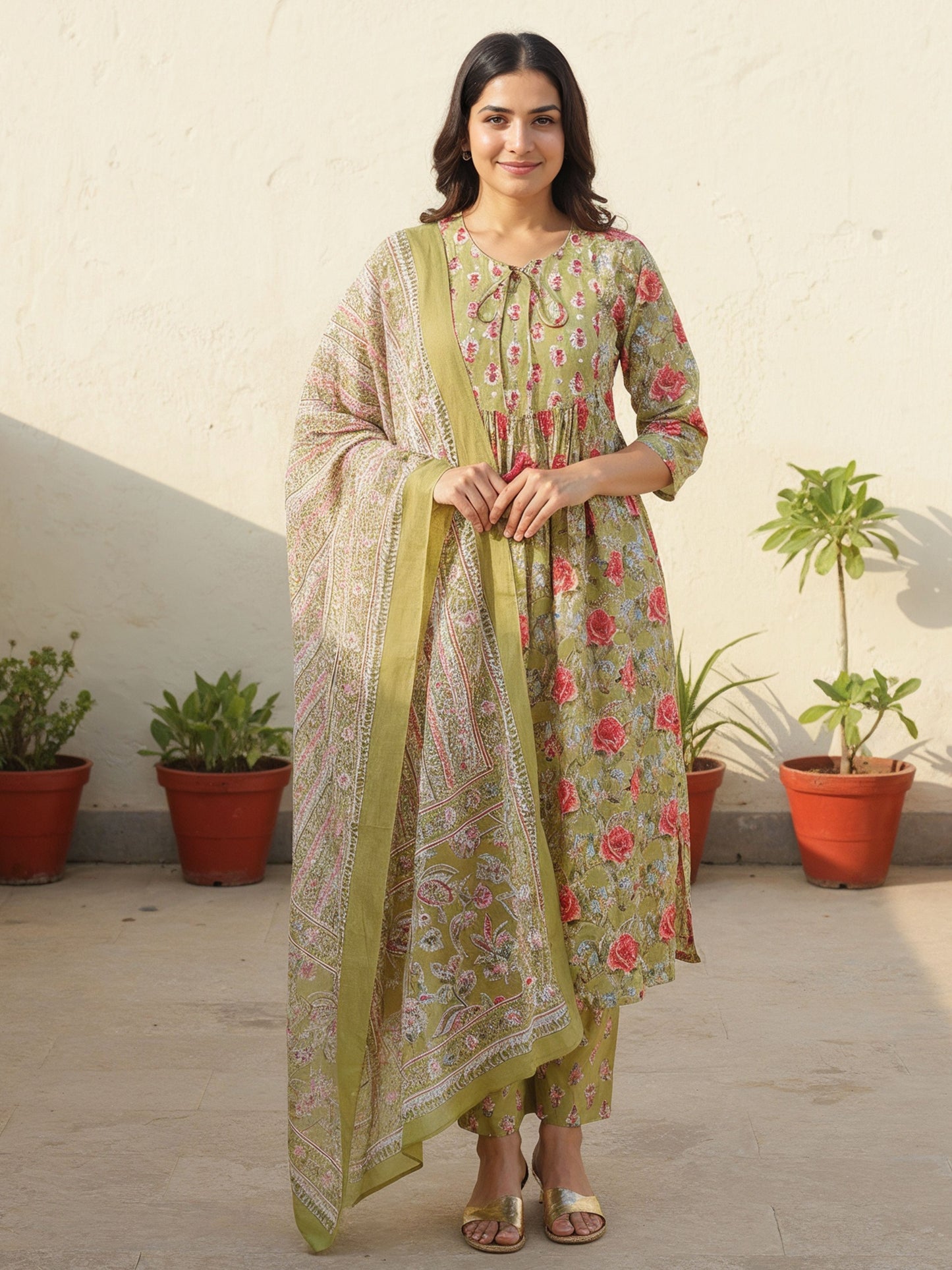 Embroidered Soft Cotton Floral A-line Green Kurta