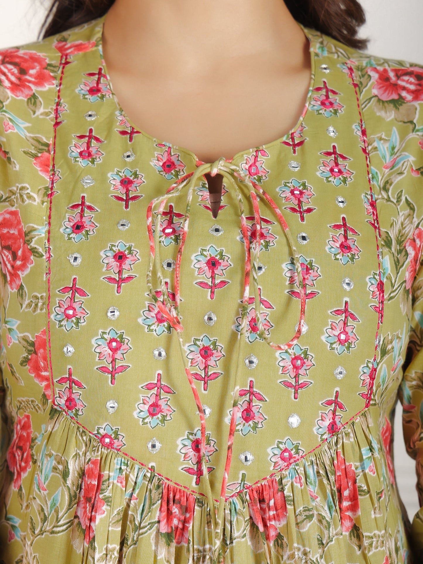 Embroidered Soft Cotton Floral A-line Green Kurta