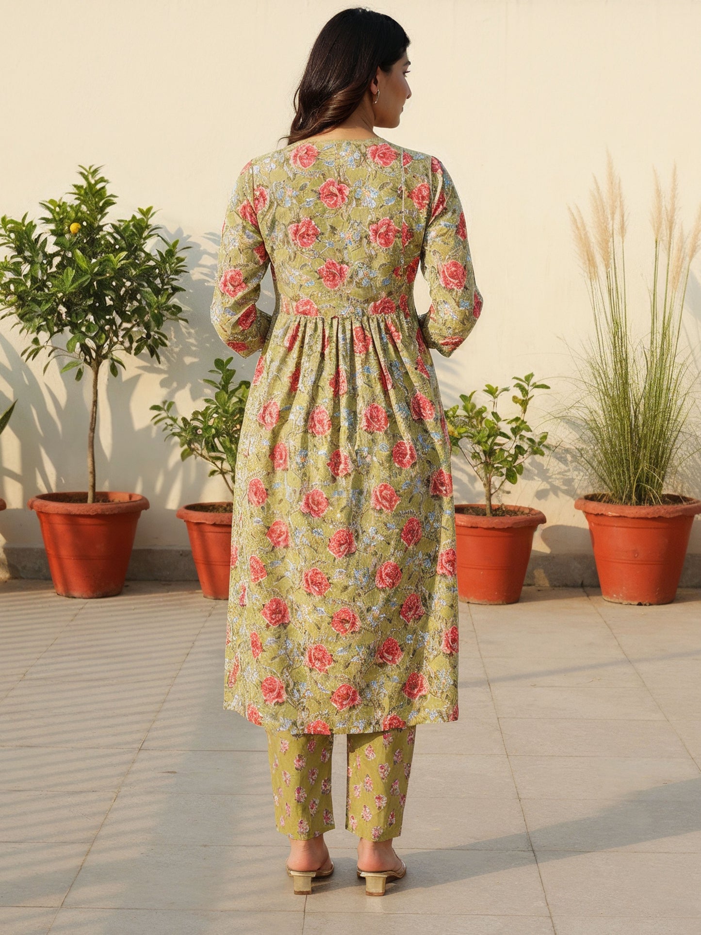 Embroidered Soft Cotton Floral A-line Green Kurta