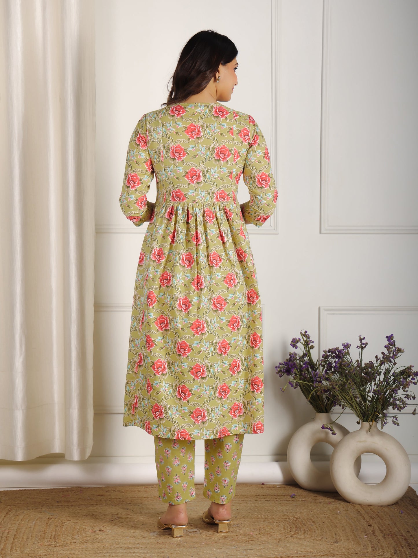 Embroidered Soft Cotton Floral A-line Green Kurta