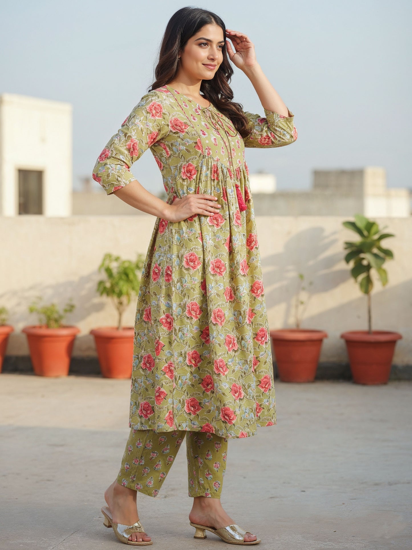 Embroidered Soft Cotton Floral A-line Green Kurta