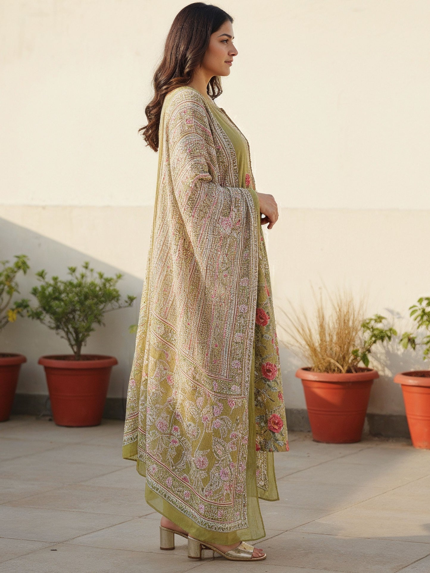 Embroidered Soft Cotton Floral A-line Green Kurta