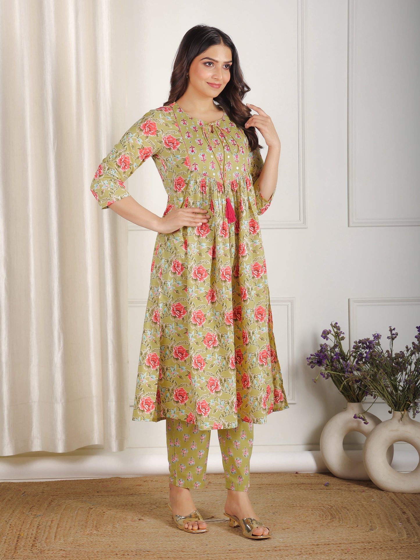 Embroidered Soft Cotton Floral A-line Green Kurta