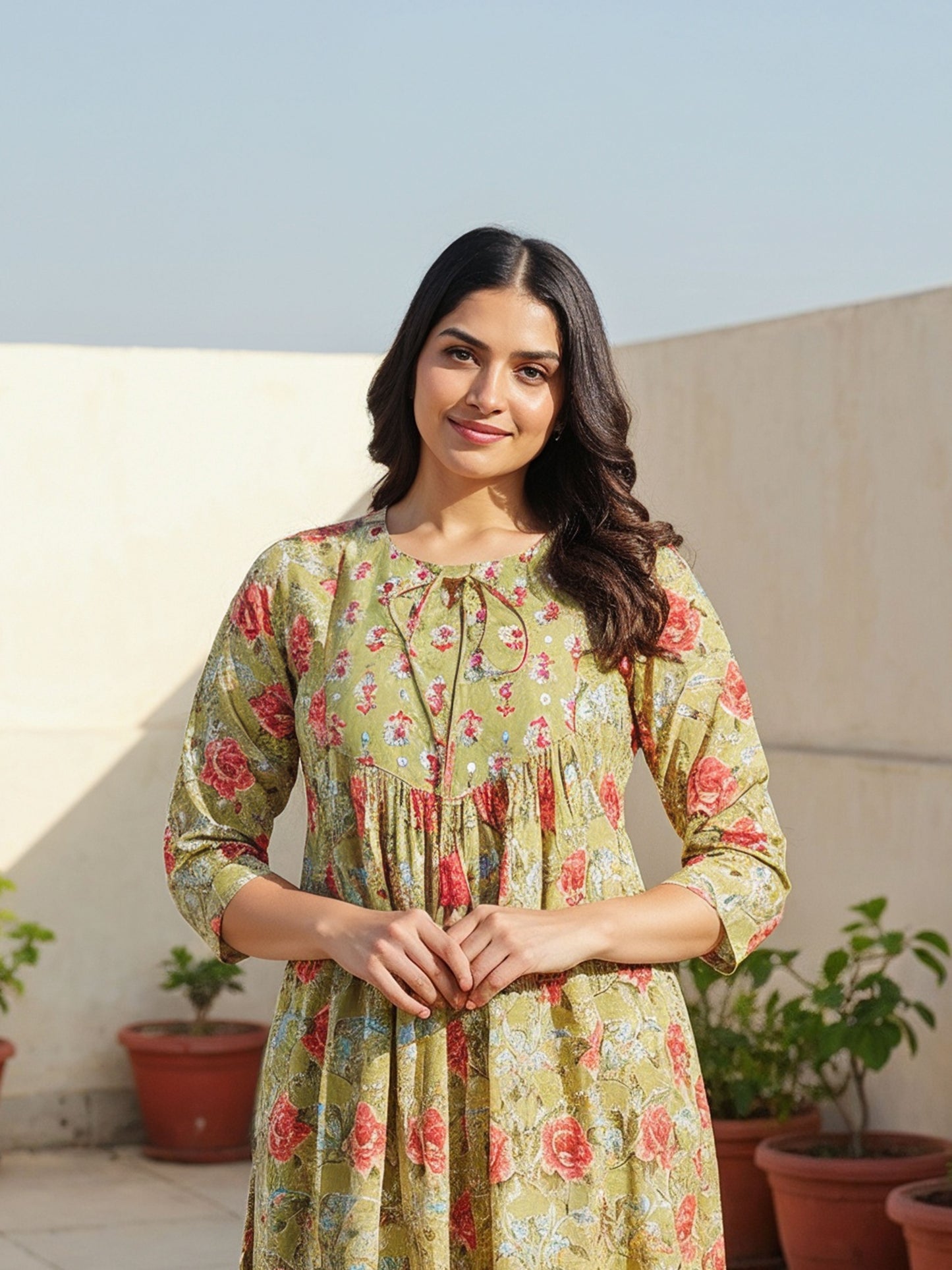 Embroidered Soft Cotton Floral A-line Green Kurta