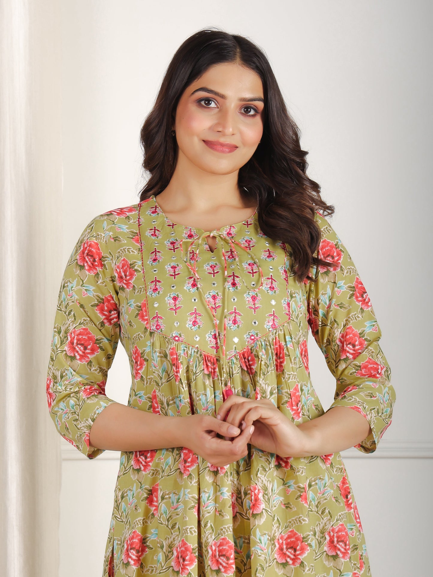 Embroidered Soft Cotton Floral A-line Green Kurta