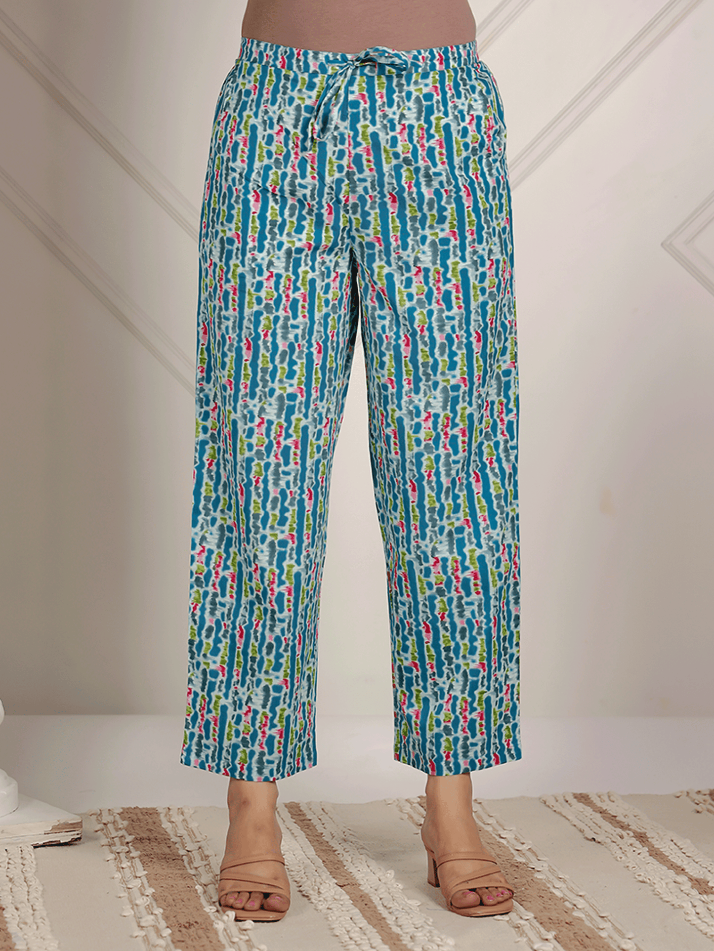 Soft Cotton Abstract Blue Tapered Trousers