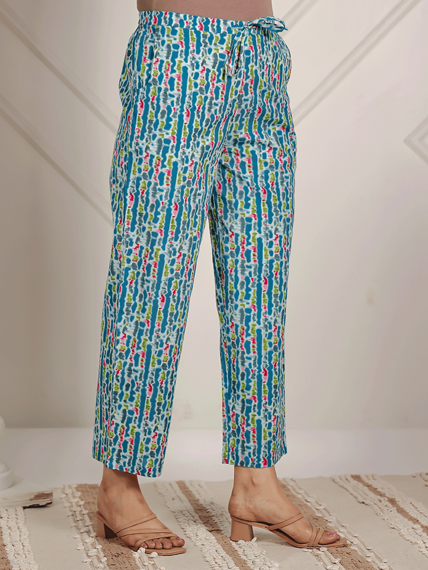 Soft Cotton Abstract Blue Tapered Trousers