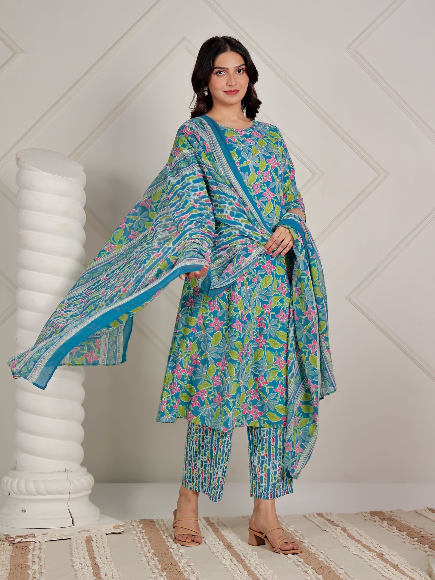 Soft Cotton Floral A-line Blue Kurta