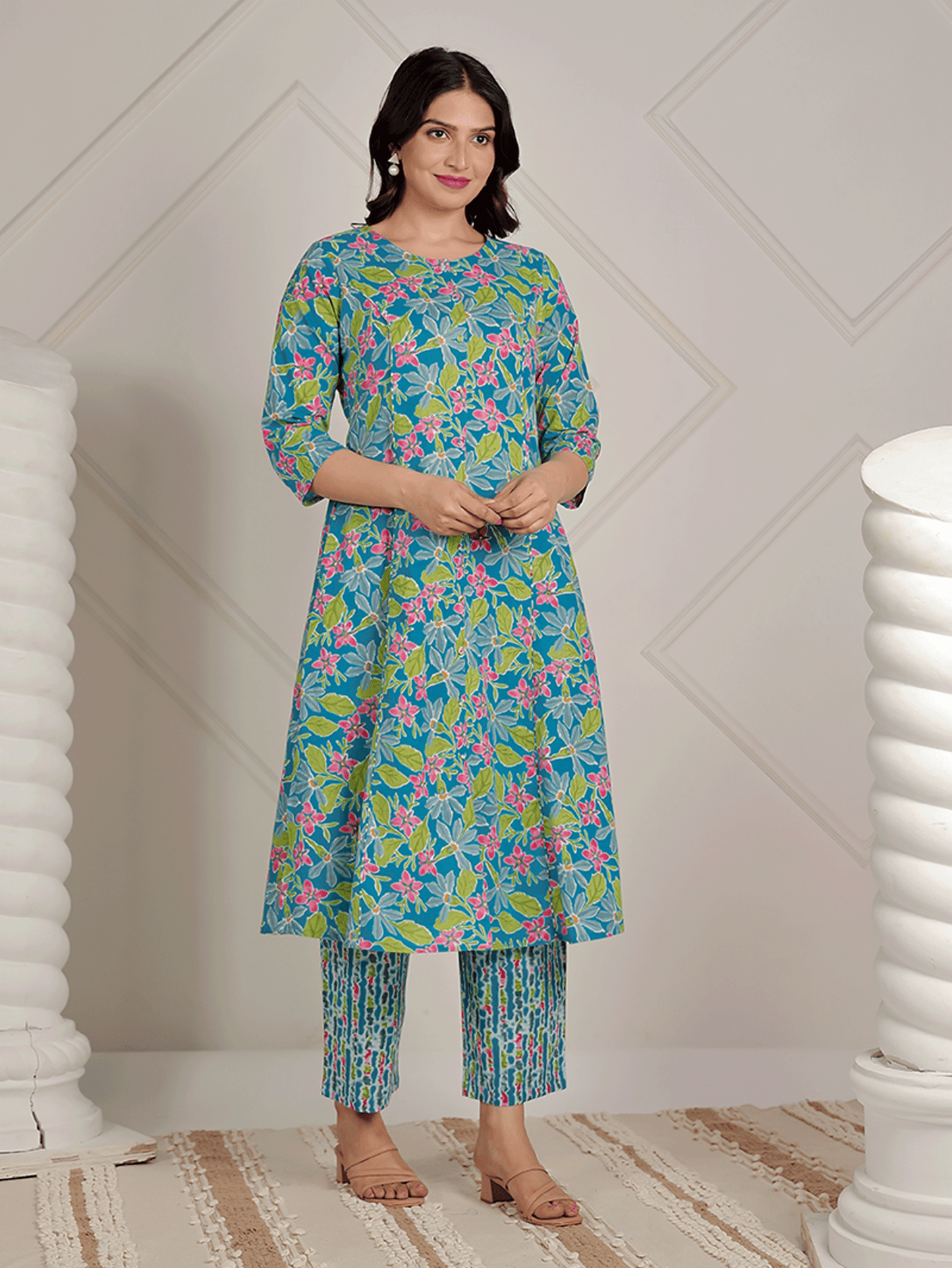 Soft Cotton Floral A-line Blue Kurta