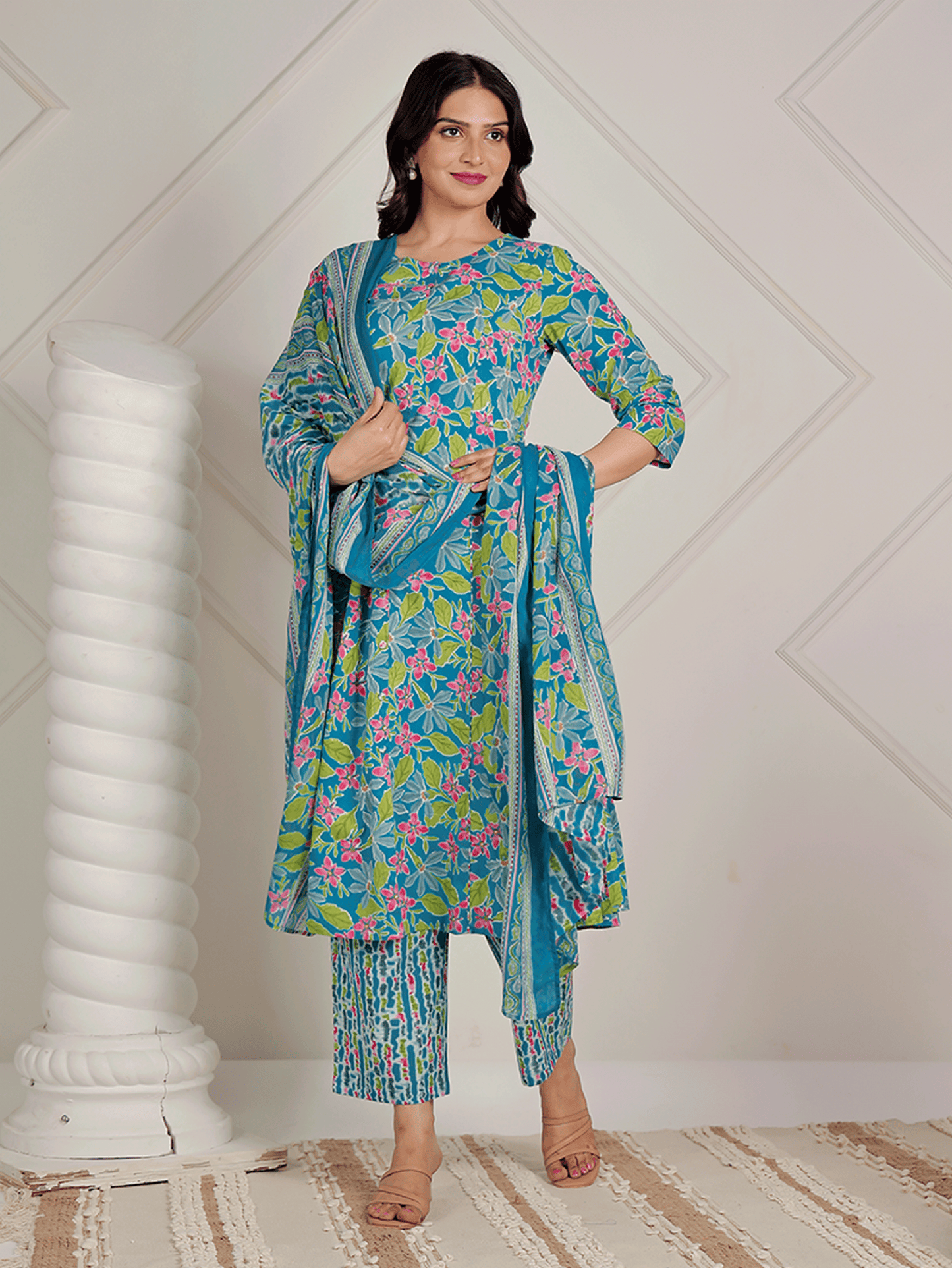 Soft Cotton Floral A-line Blue Kurta