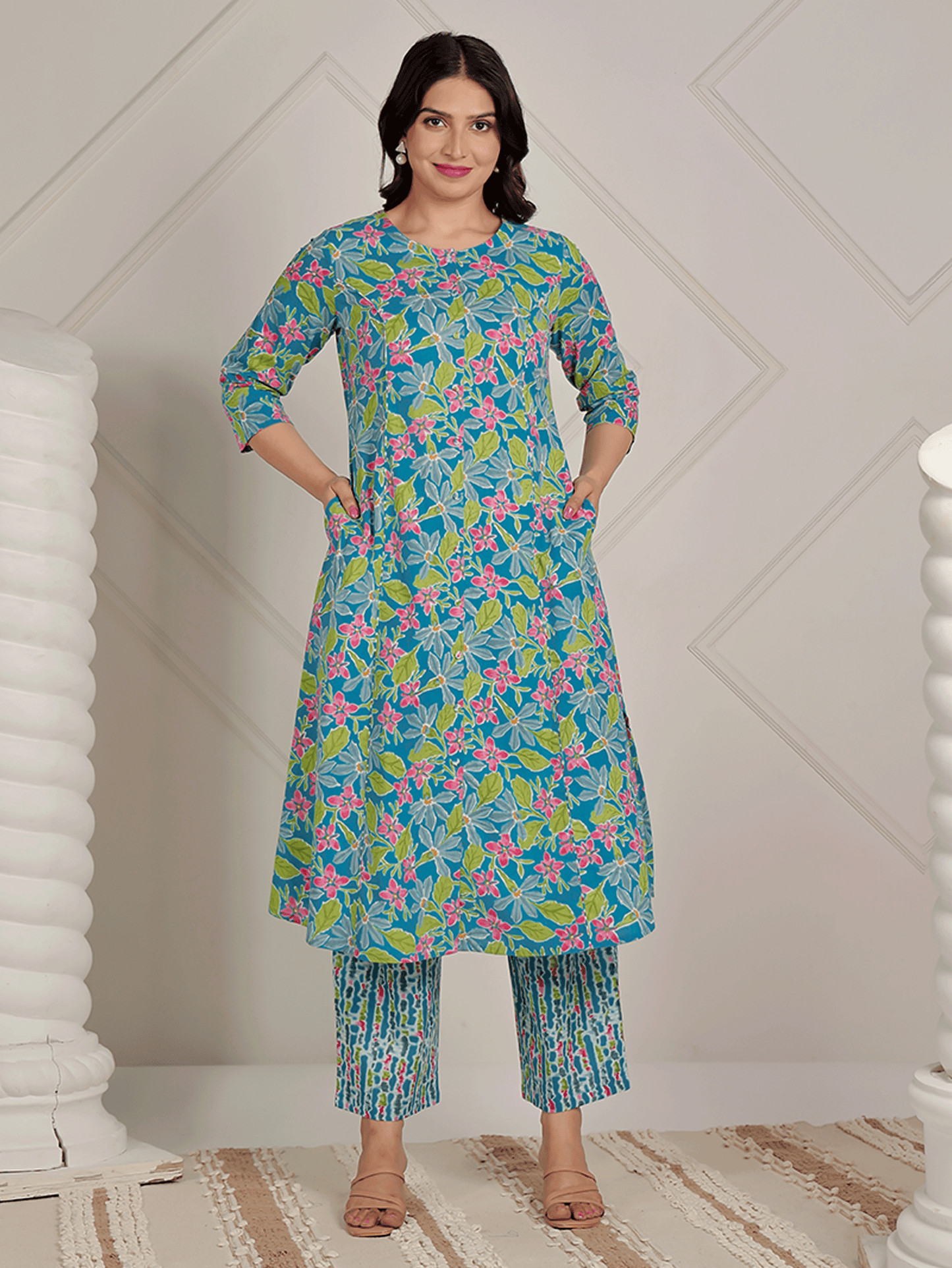 Soft Cotton Floral A-line Blue Kurta