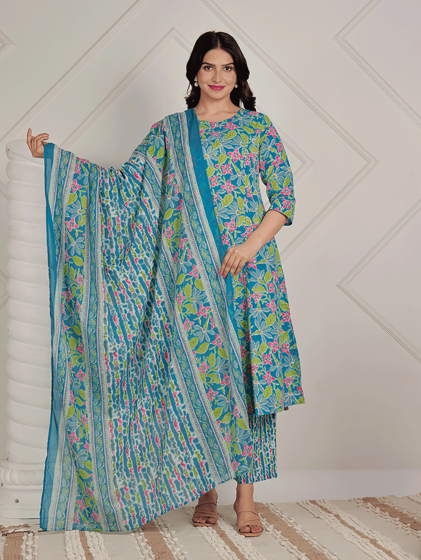 Soft Cotton Floral A-line Blue Kurta