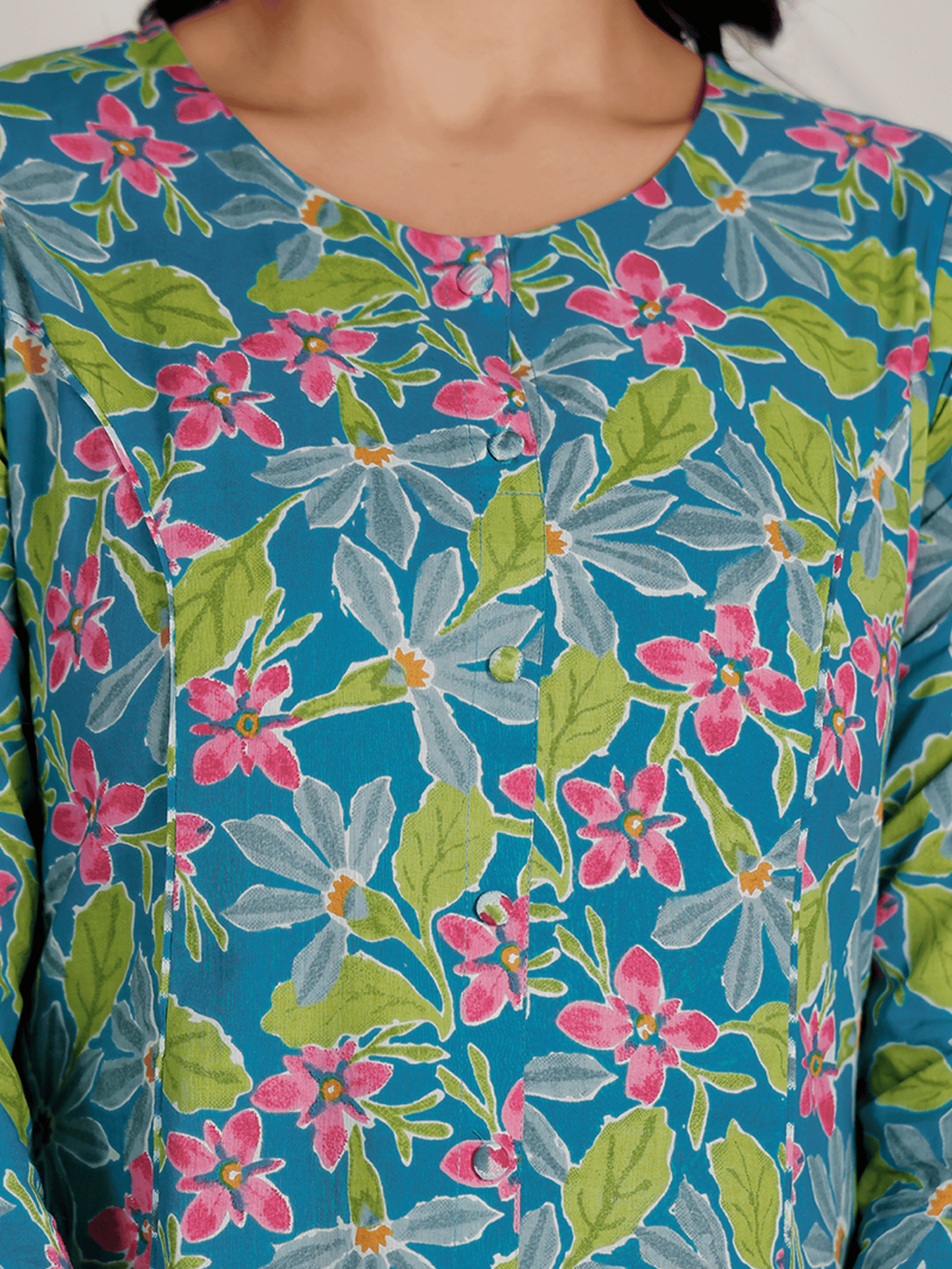 Soft Cotton Floral A-line Blue Kurta