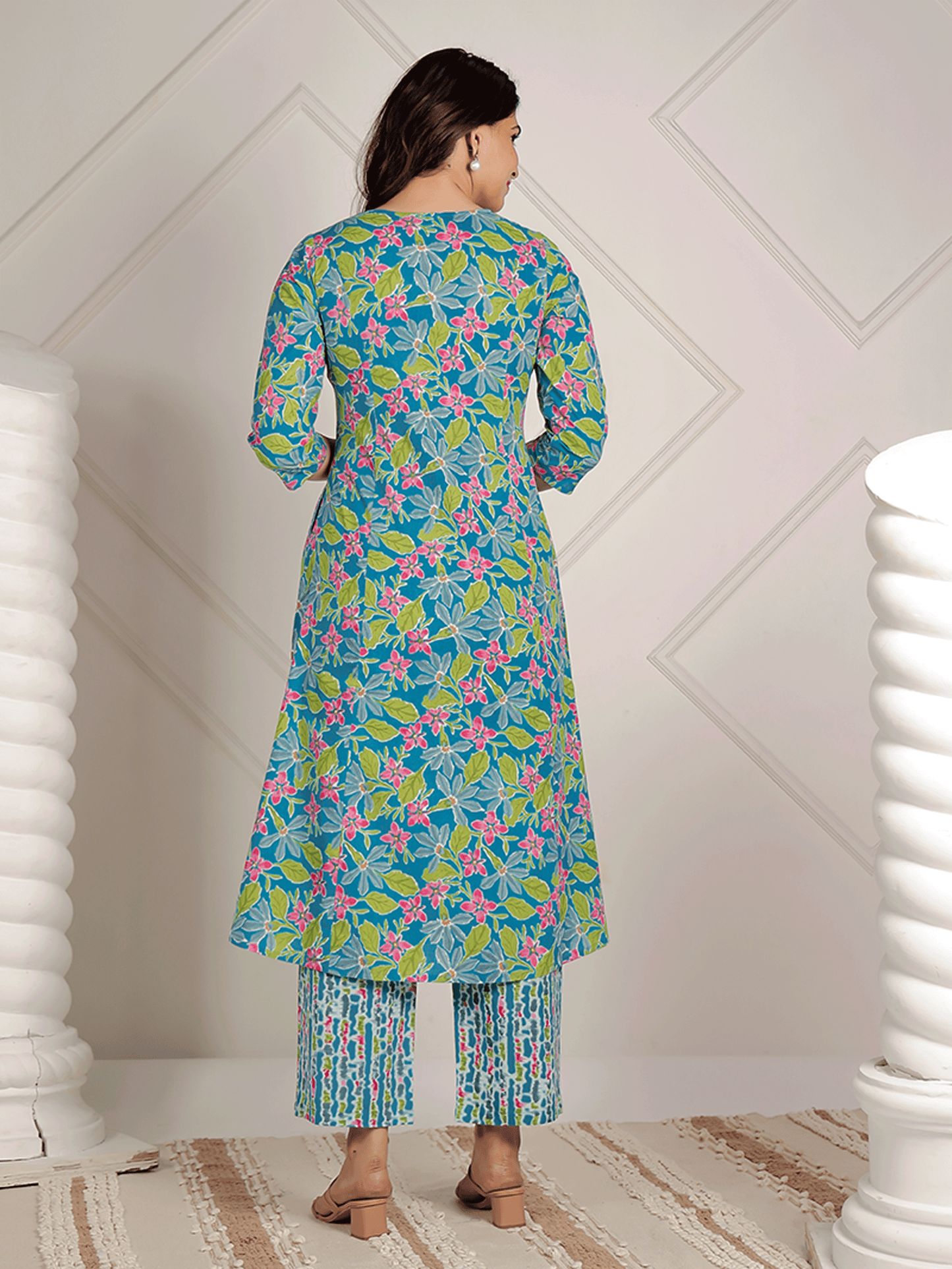 Soft Cotton Floral A-line Blue Kurta