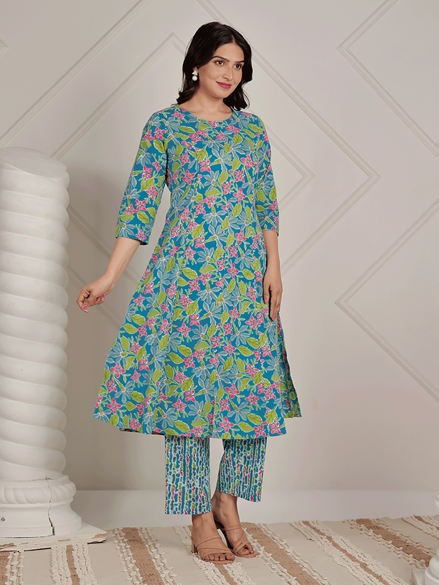 Soft Cotton Floral A-line Blue Kurta