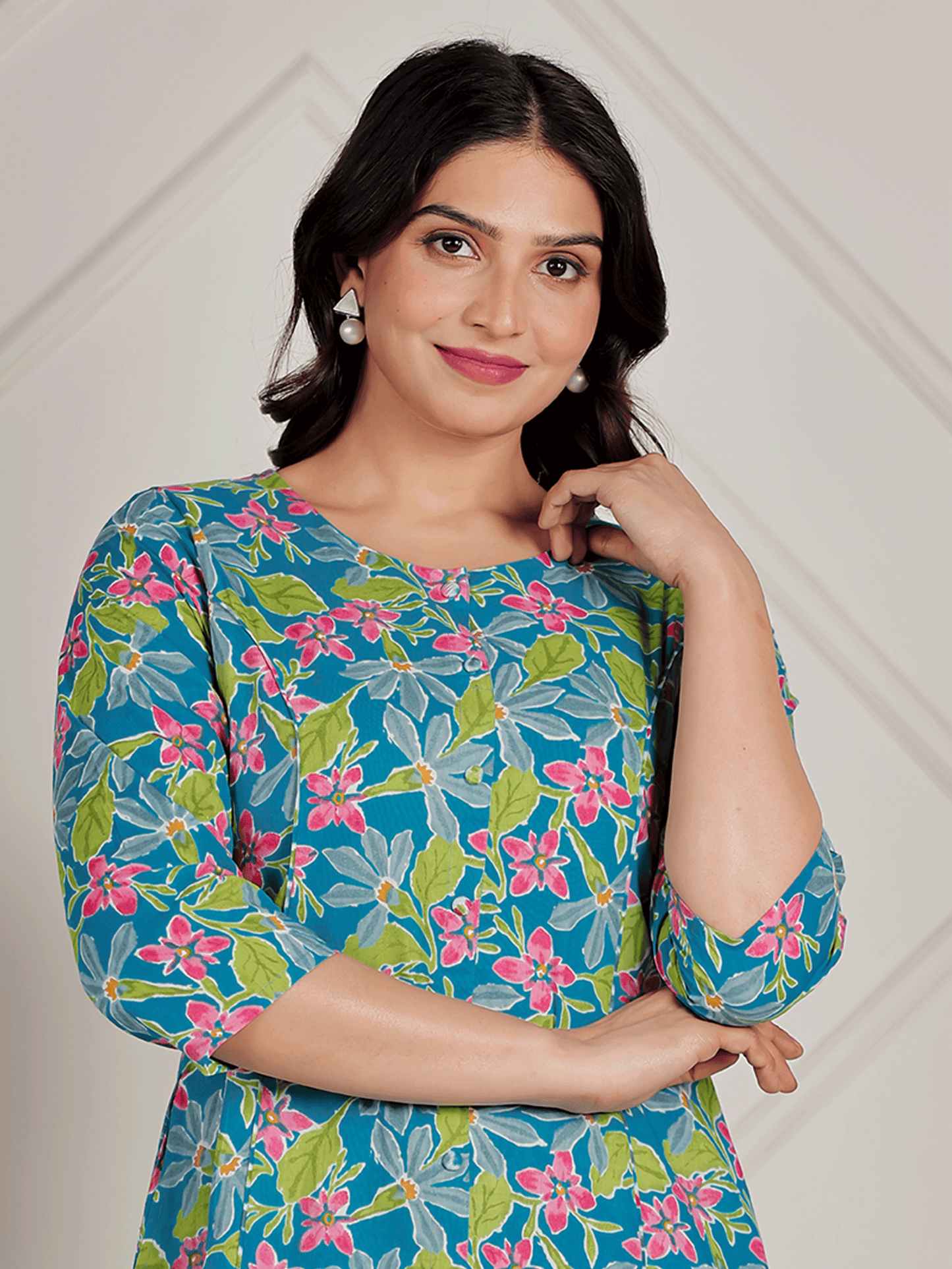 Soft Cotton Floral A-line Blue Kurta