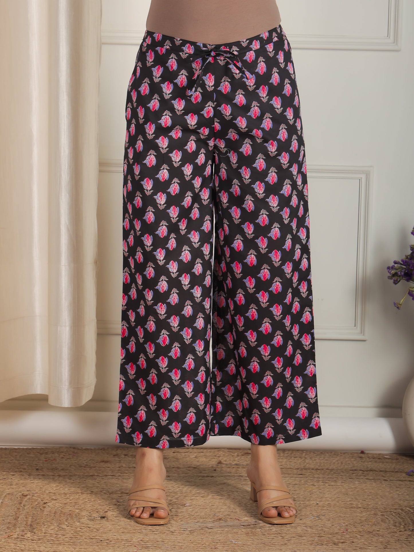 Soft Cotton Floral Black Flared Trousers