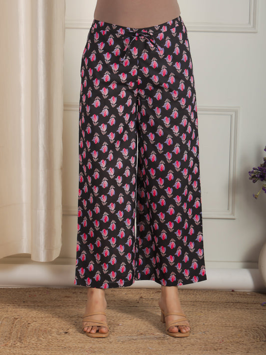 Soft Cotton Floral Black Flared Trousers