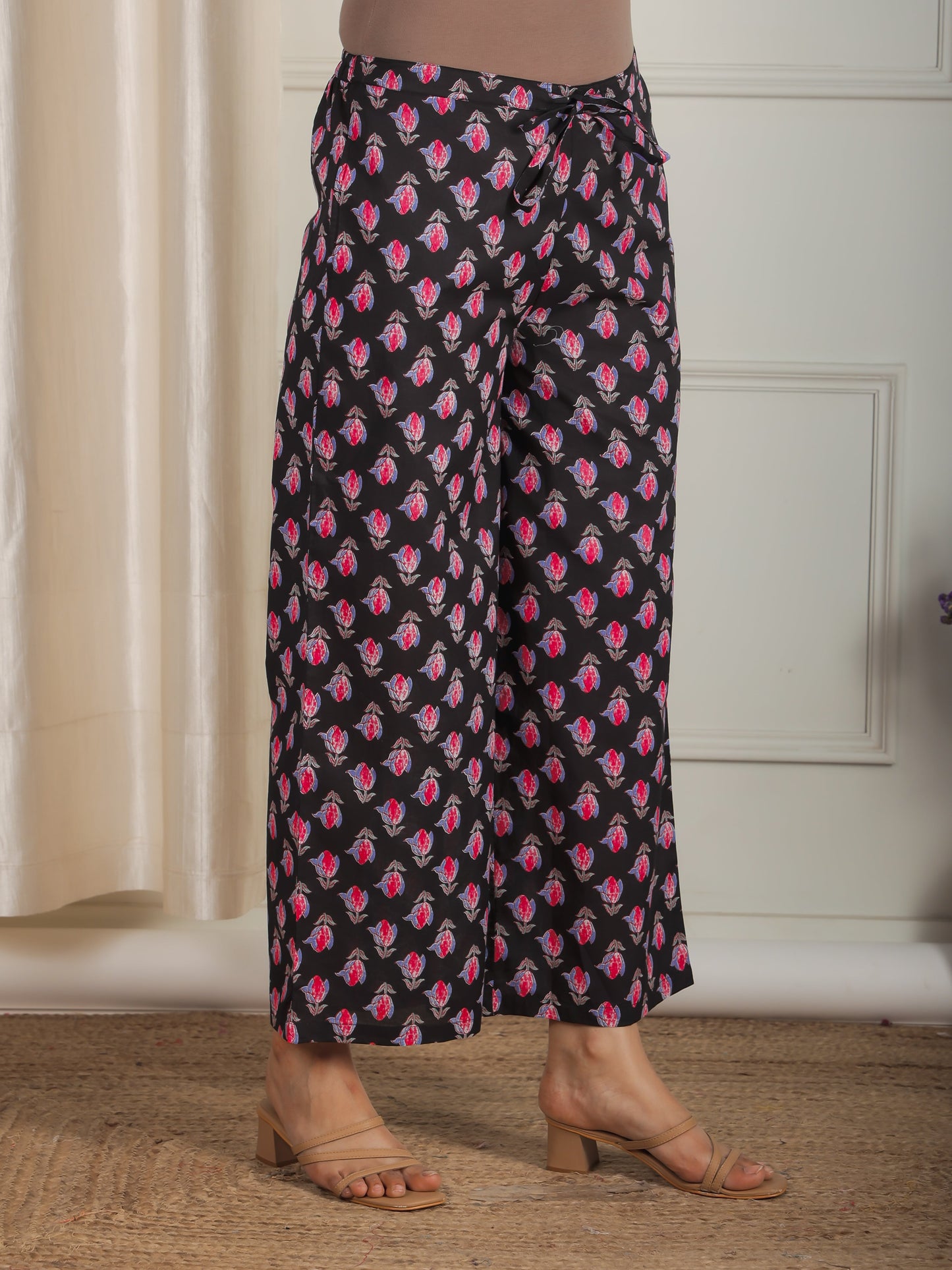 Soft Cotton Floral Black Flared Trousers