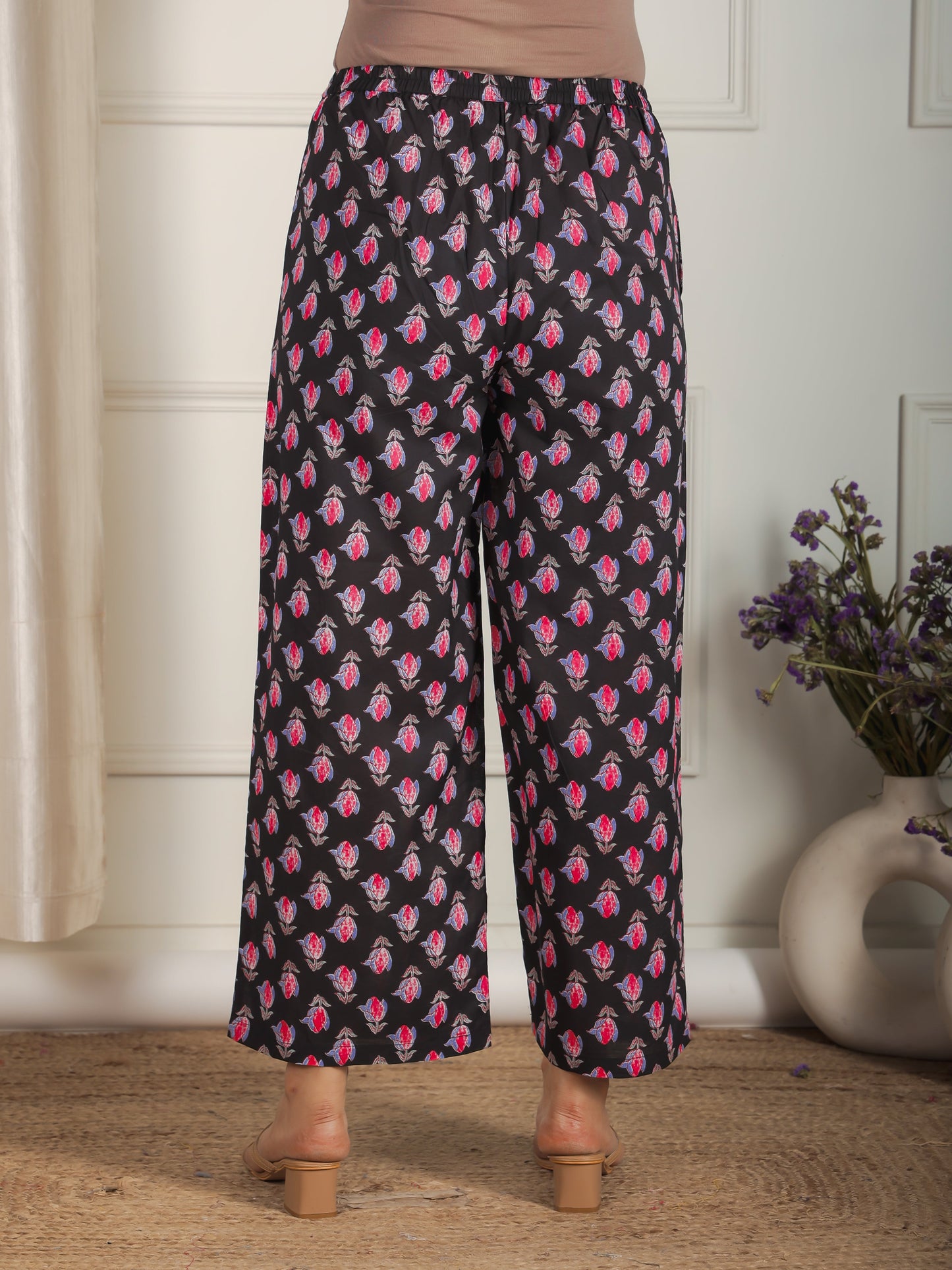 Soft Cotton Floral Black Flared Trousers