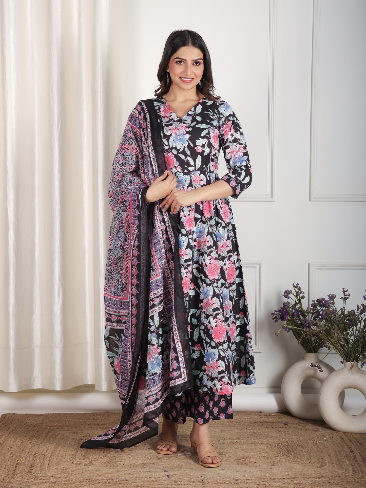 Soft Cotton Floral Flared Black Kurta