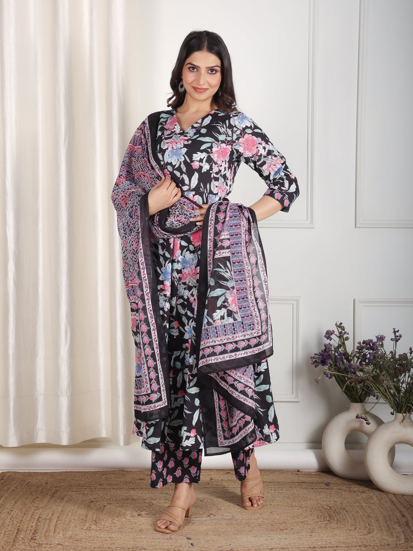Cotton Voile Floral Black Dupatta
