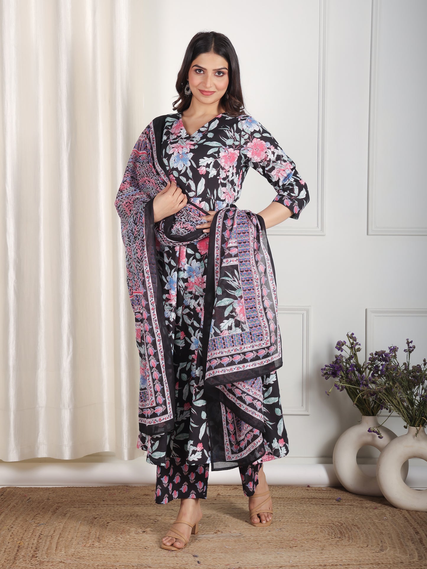 Soft Cotton Floral Flared Black Kurta
