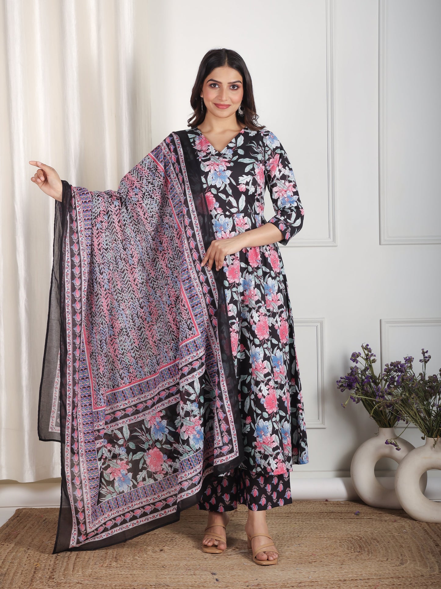 Soft Cotton Floral Flared Black Kurta