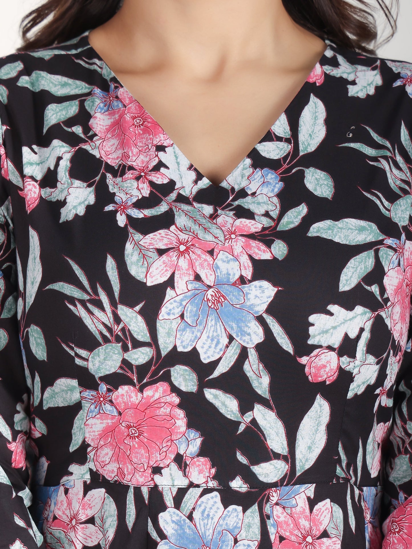 Soft Cotton Floral Flared Black Kurta