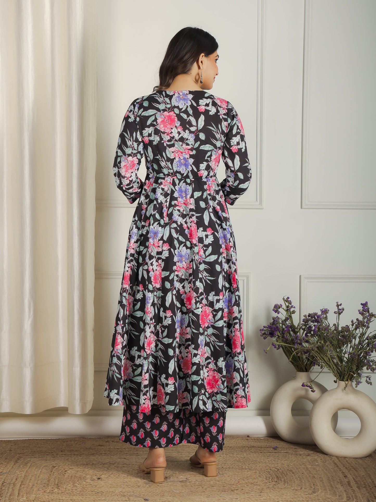 Soft Cotton Floral Flared Black Kurta