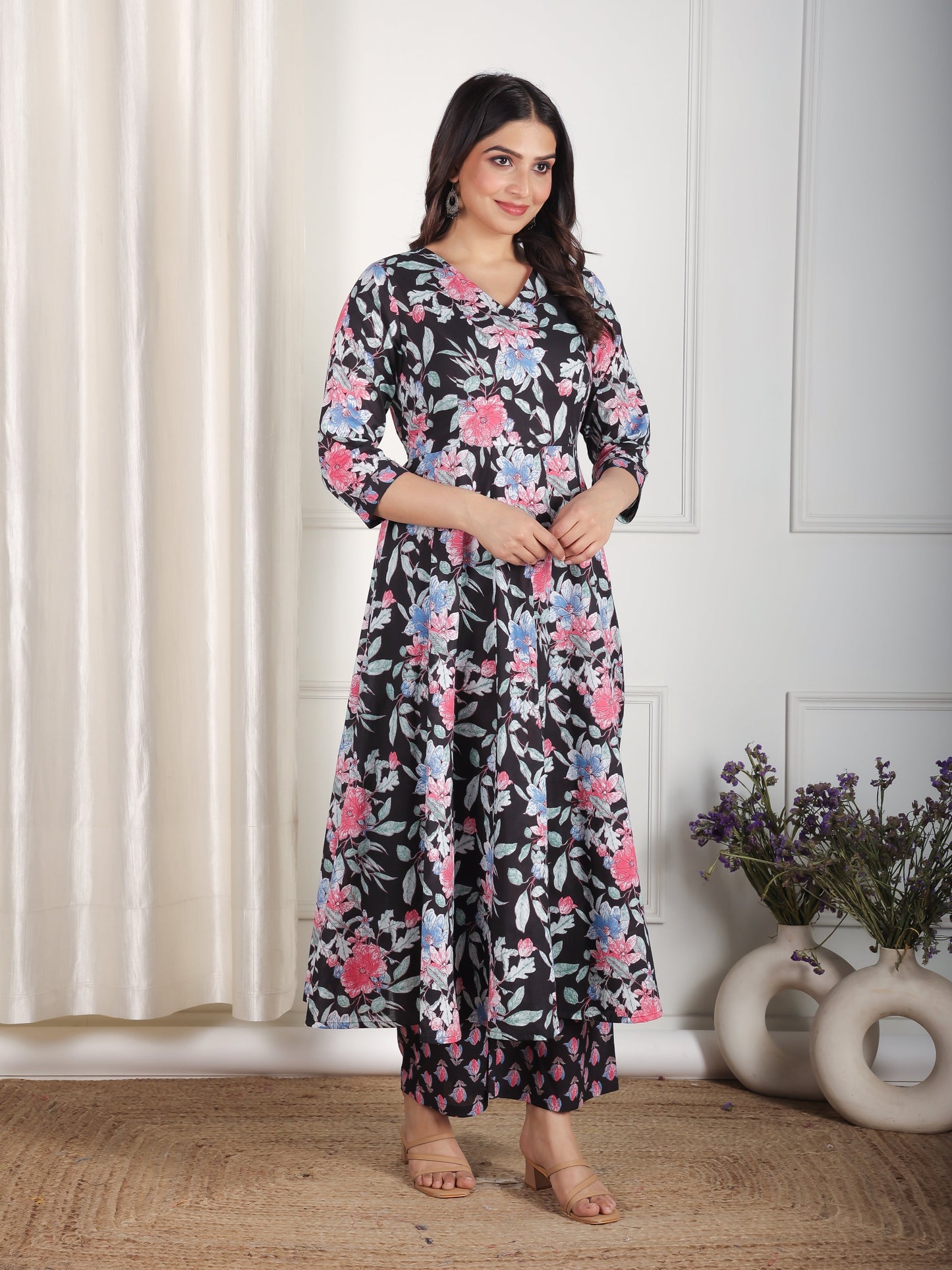 Soft Cotton Floral Flared Black Kurta