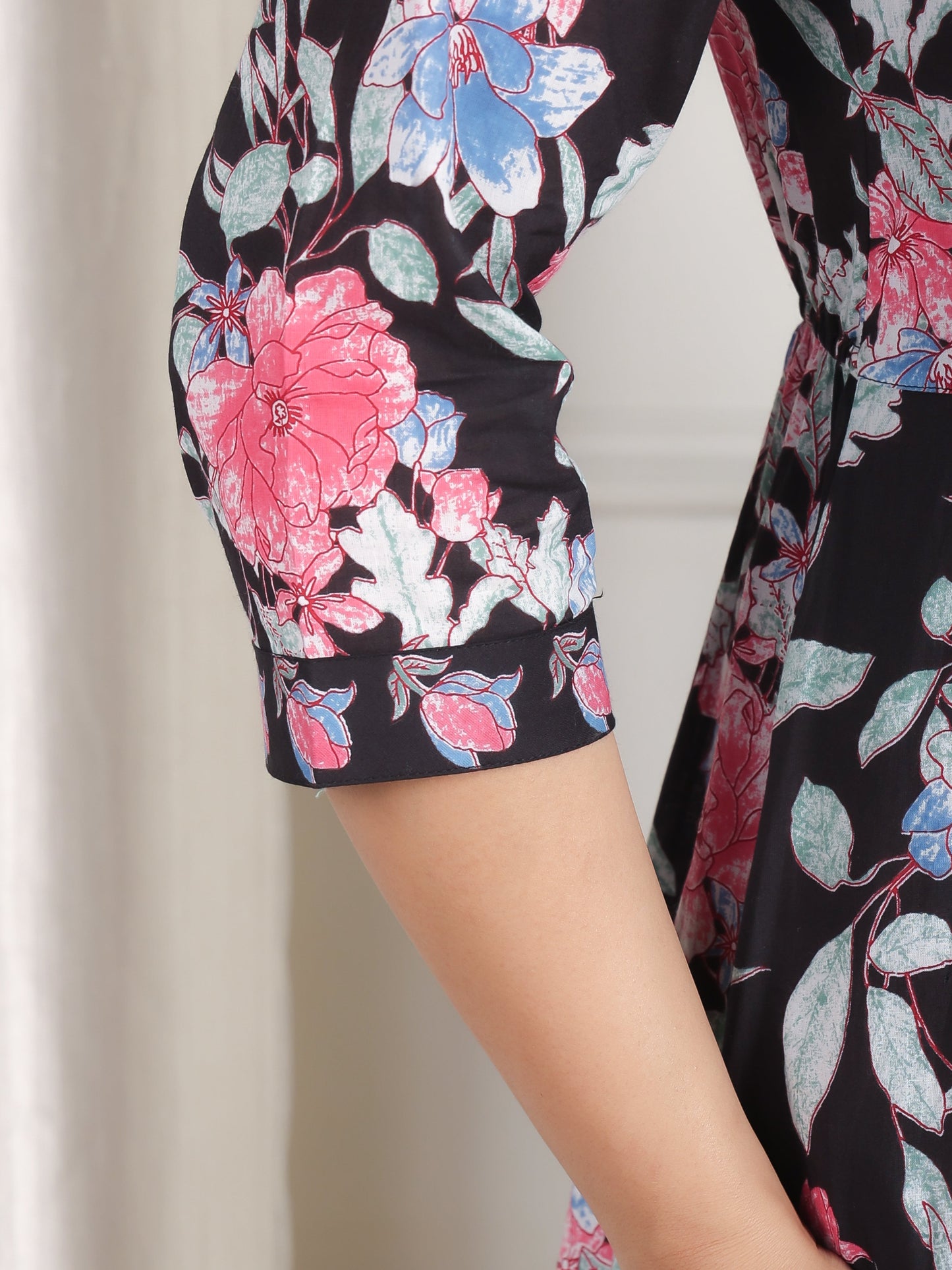 Soft Cotton Floral Flared Black Kurta