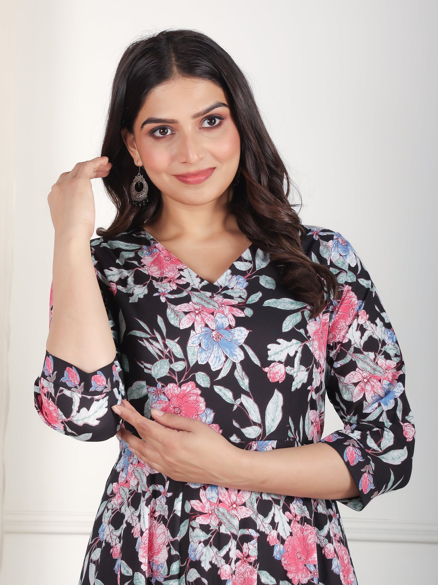 Soft Cotton Floral Flared Black Kurta