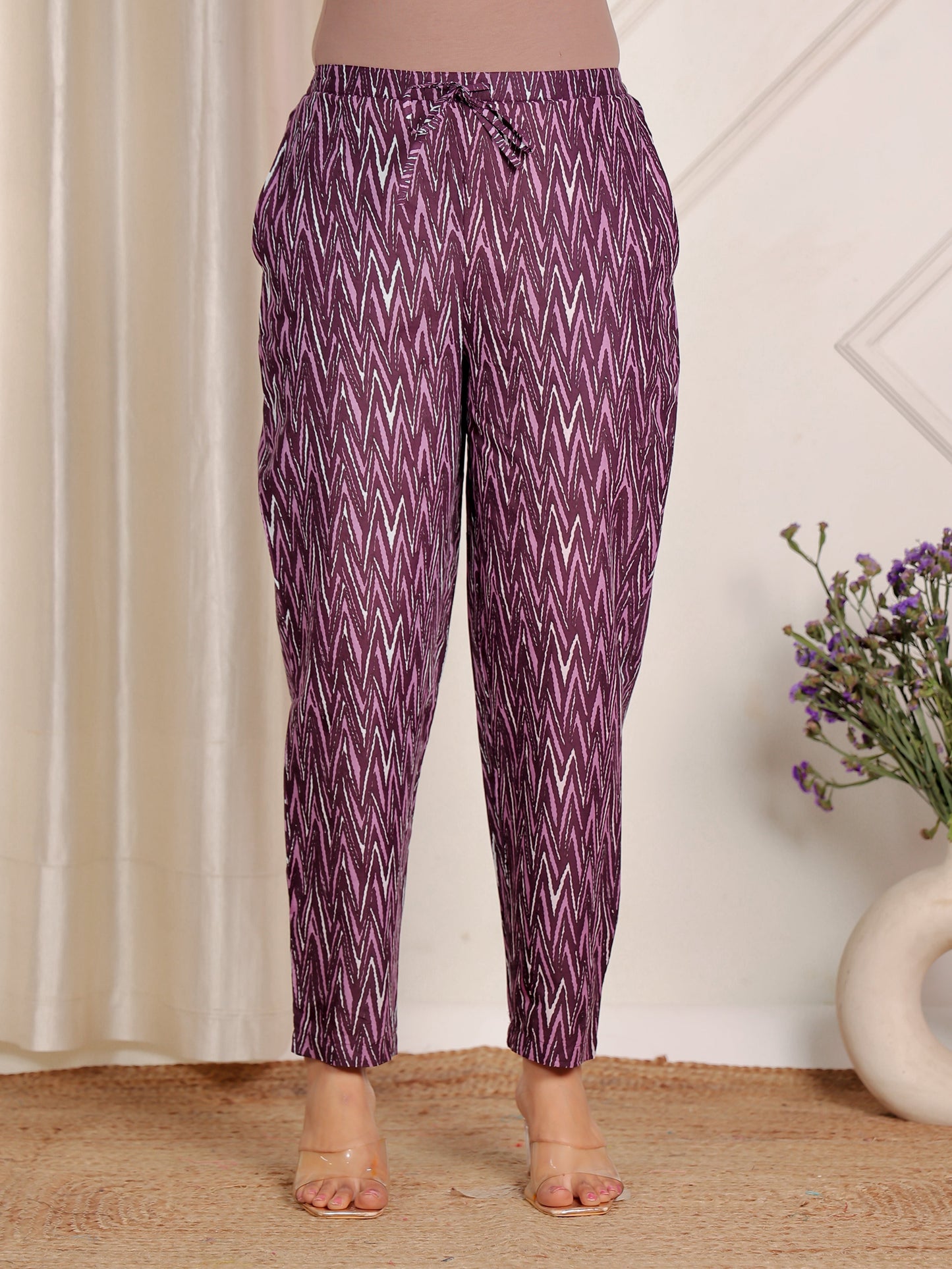 Soft Cotton Striped Purple Tapered Trousers