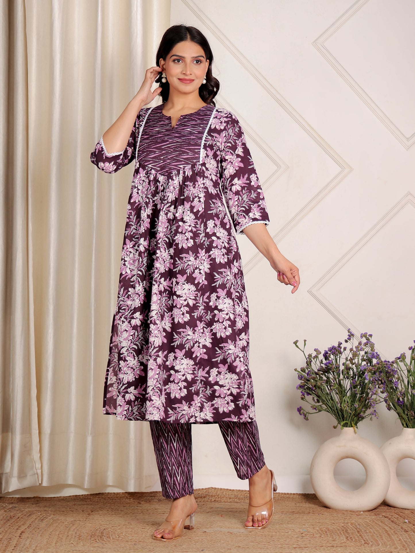 Soft Cotton Floral A-line Purple Kurta