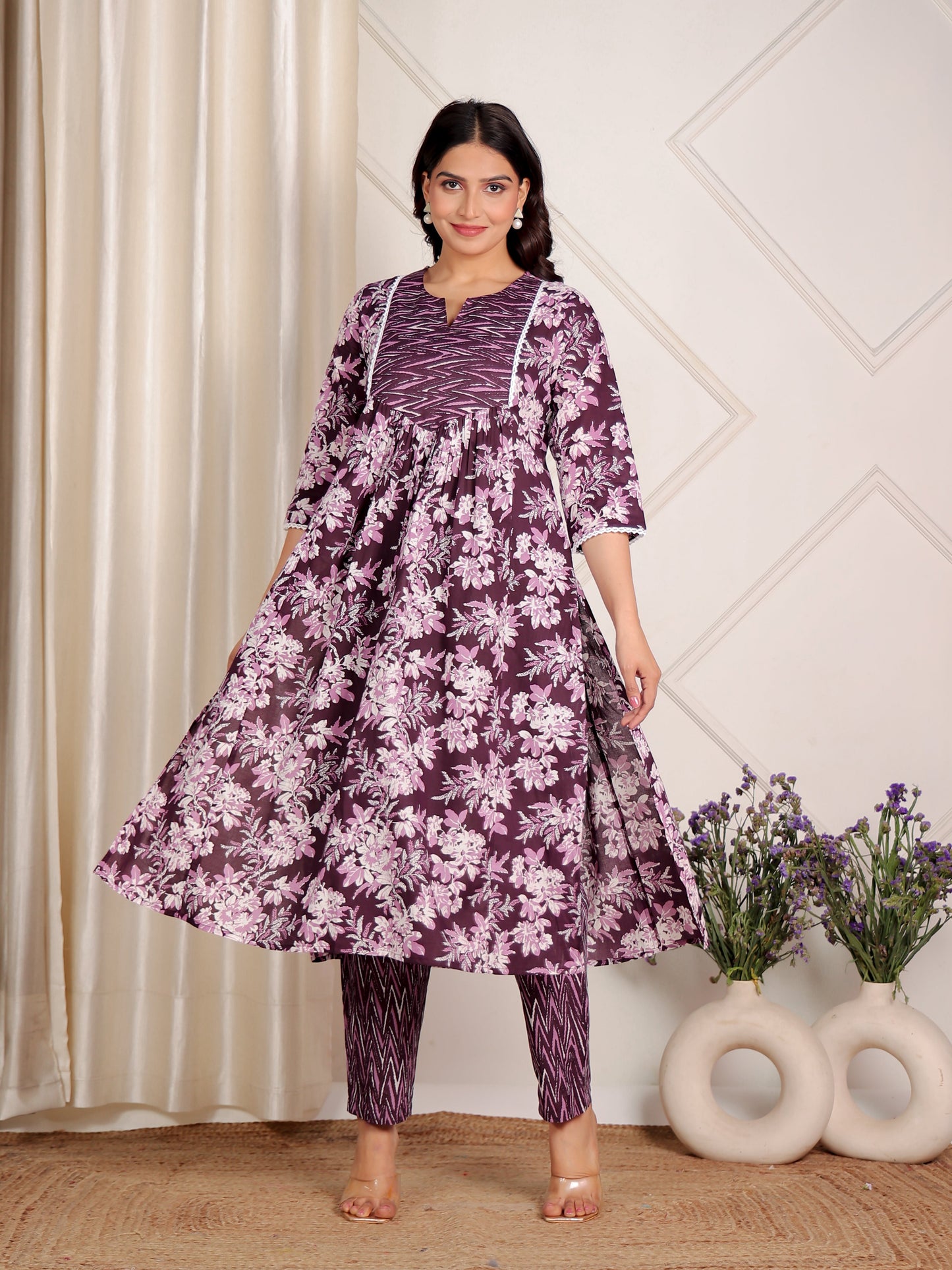 Soft Cotton Floral A-line Purple Kurta