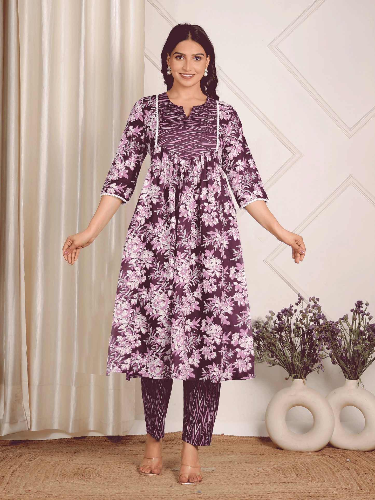 Soft Cotton Floral A-line Purple Kurta