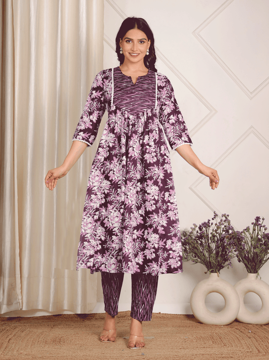 Soft Cotton Floral A-line Purple Kurta
