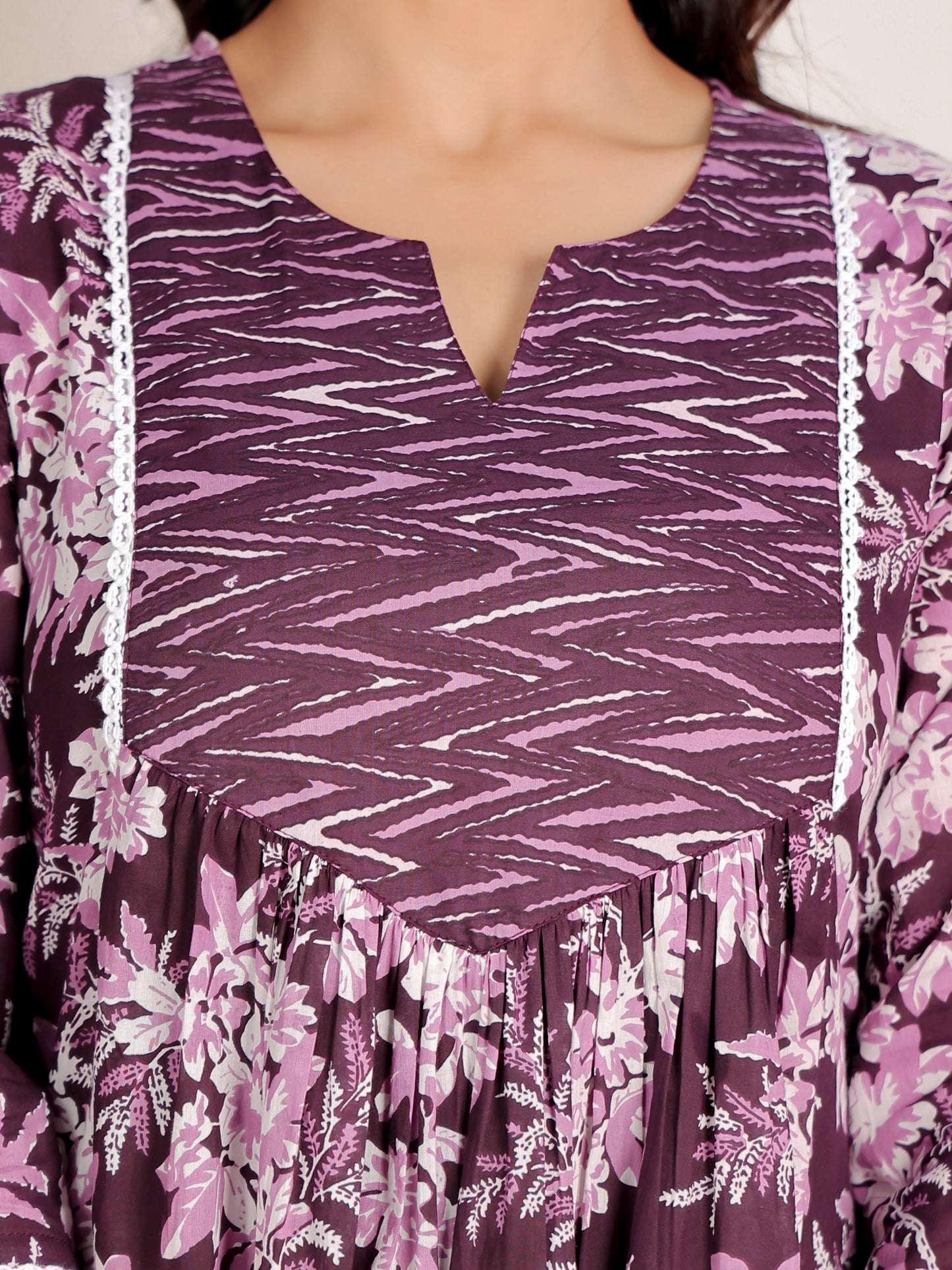 Soft Cotton Floral A-line Purple Kurta