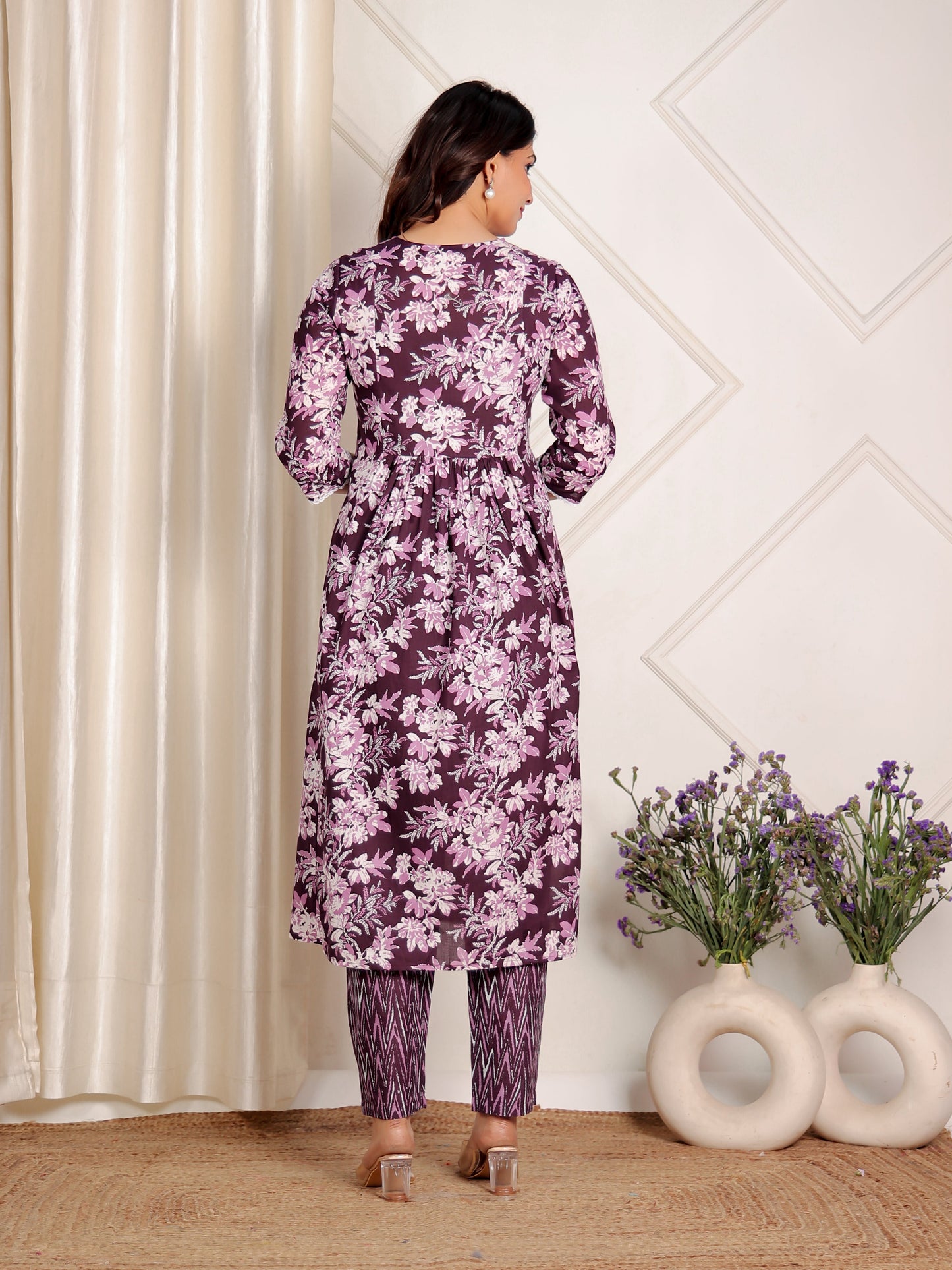 Soft Cotton Floral A-line Purple Kurta